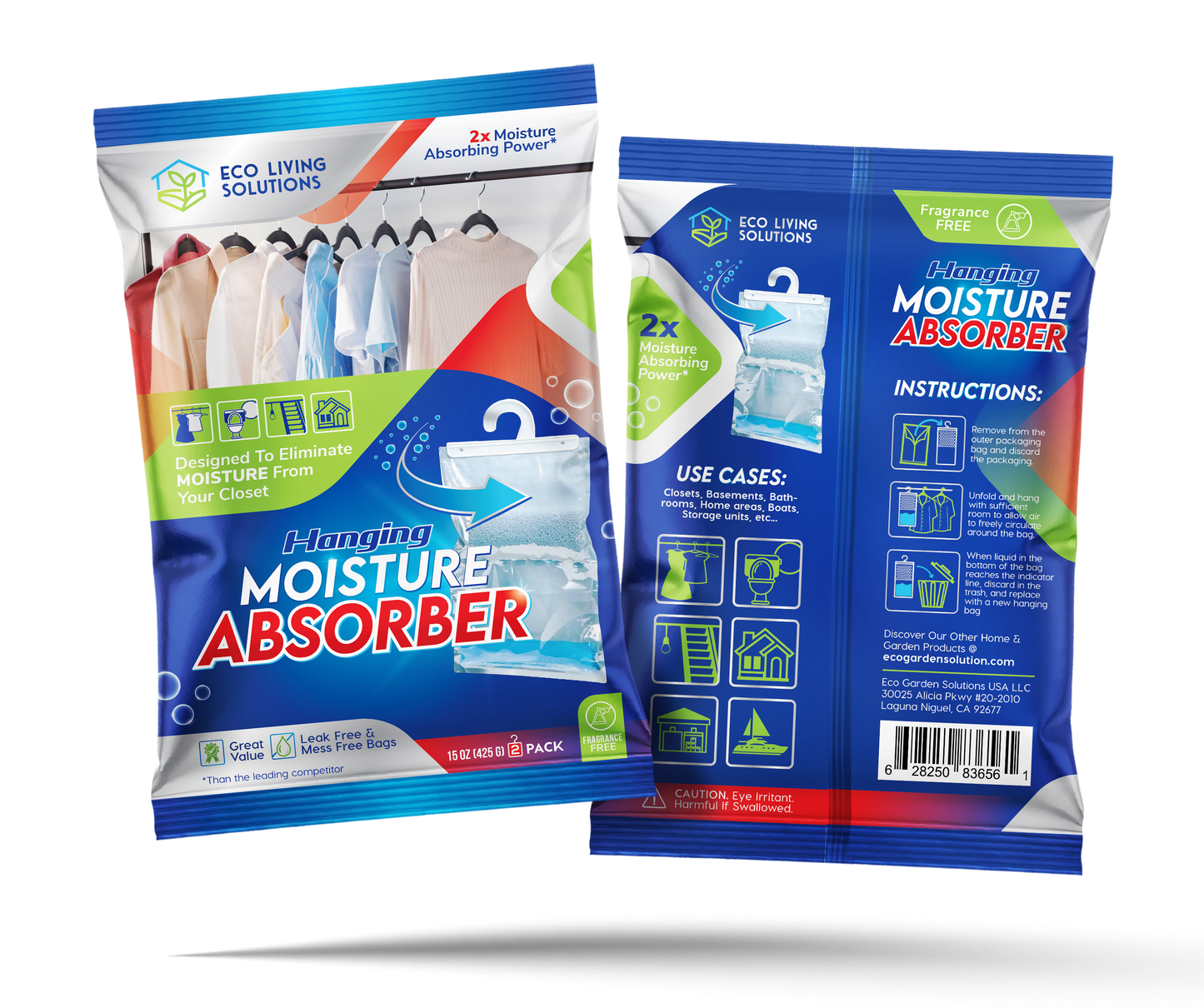 Eco Living Solutions Moisture Absorber Packets, Fragrance Free, Humidity Absorber, Hanging Closet Dehumidifier Bags, Eliminates Odors for Fresher Air, Ideal for Closet